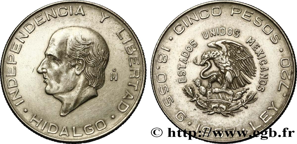 MÉXICO 5 Pesos Miguel Hidalgo y Costilla 1957 Mexico MBC+ 