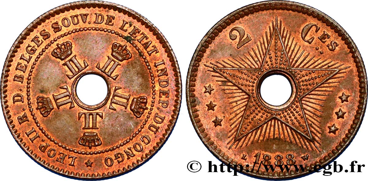 BELGIUM - CONGO FREE STATE 2 Centimes 1888  AU 