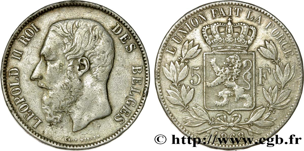 BELGIEN 5 Francs Léopold II  1868  fSS 