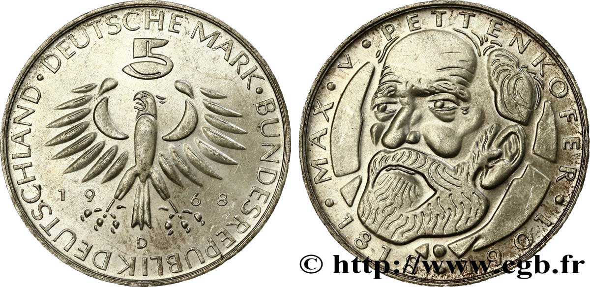 GERMANIA 5 Mark aigle héraldique / le chimiste Max Joseph von Pettenkofer 1968 Munich MS 