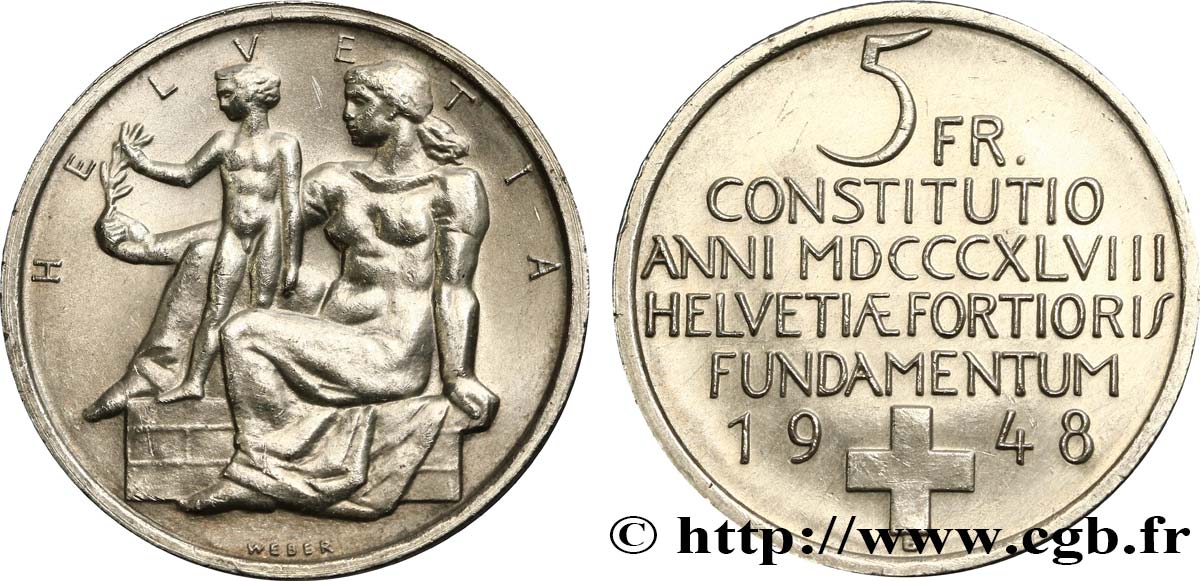 SCHWEIZ 5 Francs centenaire de la constitution suisse 1948 Berne VZ 