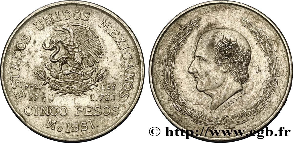 MÉXICO 5 Pesos Miguel Hidaldo y Costilla / aigle 1951 Mexico MBC+ 