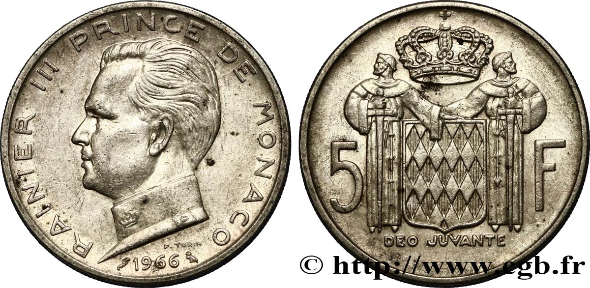 MONACO 5 Francs Prince Rainier III 1966 Paris q.SPL 