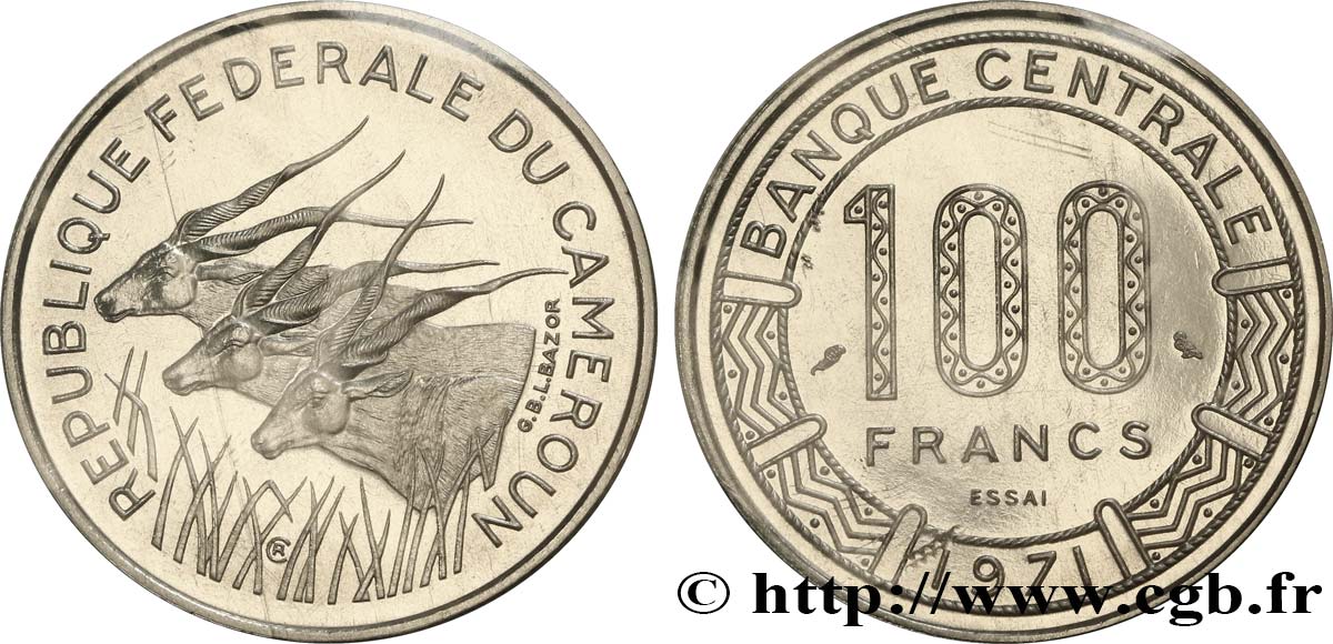 KAMERUN Essai de 100 Francs République Fédérale du Cameroun, antilopes 1971 Paris ST 