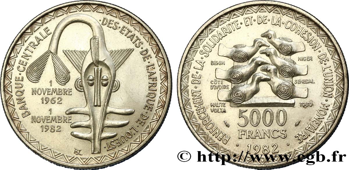 WESTAFRIKANISCHE LÄNDER 5000 Francs masque 20e anniversaire de l’Union Monétaire 1982  VZ 