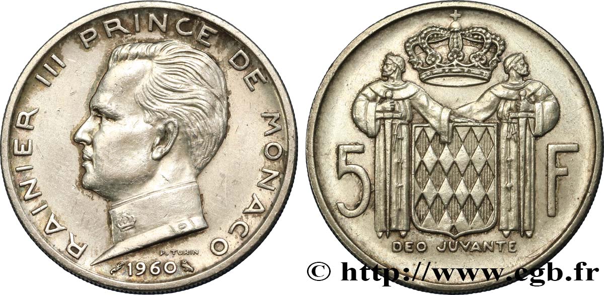 MONACO 5 Francs Rainier III 1960 Paris fVZ 