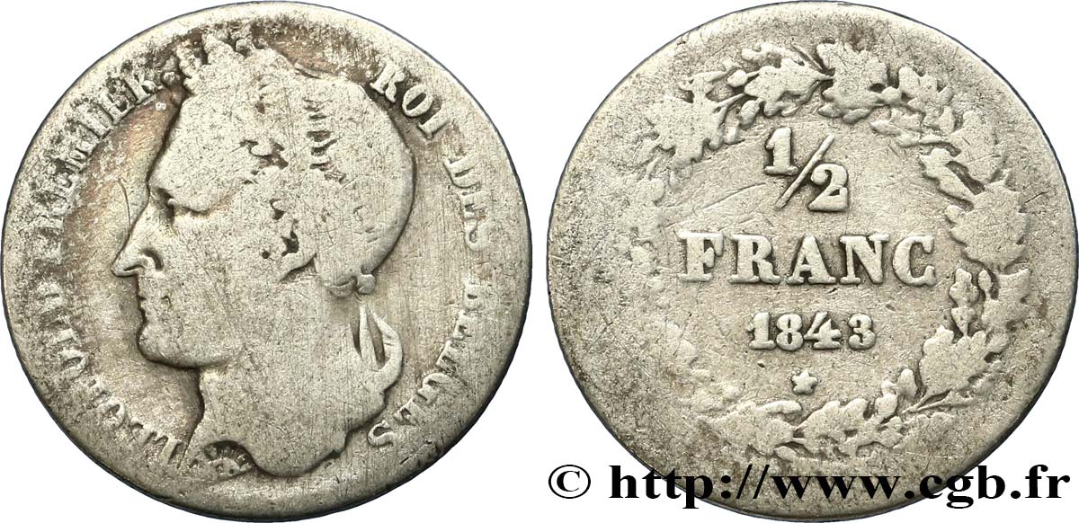 BÉLGICA 1/2 Franc Léopold tête laurée 1843  BC 