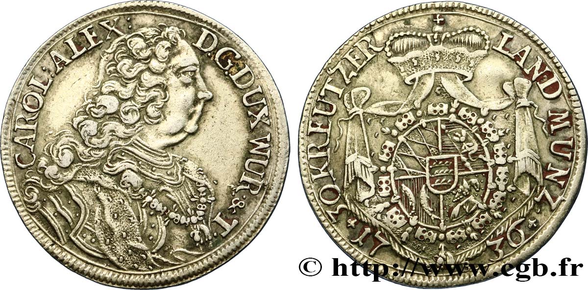 ALLEMAGNE - WURTEMBERG 30 Kreuzer (1/2 Gulden ou1/3 Thaler 1736 Stuttgart TTB 