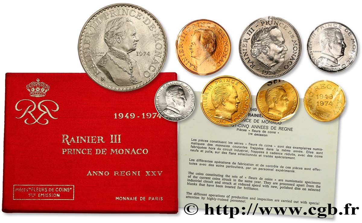 MONACO série FDC des 25 ans de règne de Rainier III (10 et 20 Centimes, 1/2, 1, 5, 10 et 50 Francs) 1974 Paris ST 