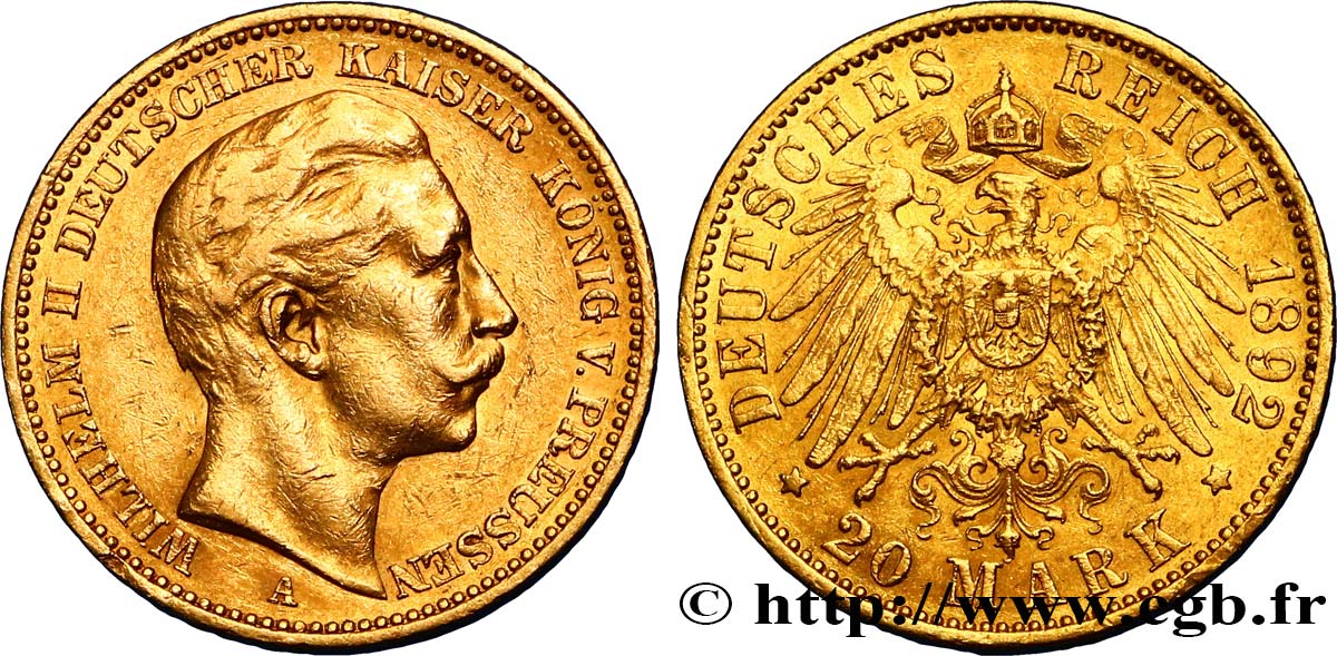 GERMANY - PRUSSIA 20 Mark Guillaume II 1892 Berlin AU 