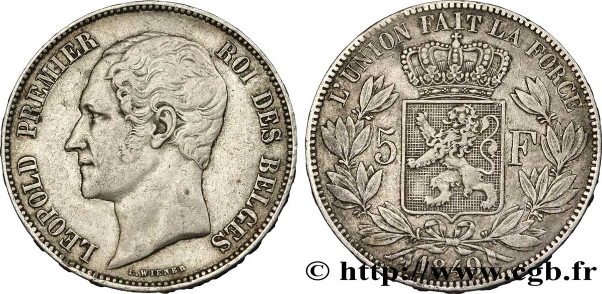 BELGIO 5 Francs Léopold Ier tête nue 1849  BB 
