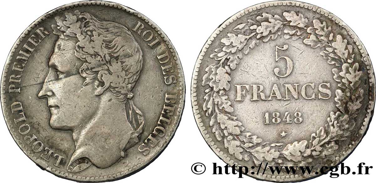 BÉLGICA 5 Francs Léopold Ier tête laurée 1848  BC+ 