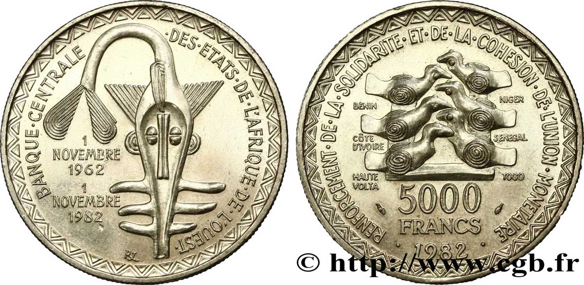 WEST AFRICAN STATES (BCEAO) 5000 Francs masque 20e anniversaire de l’Union Monétaire 1982  AU 