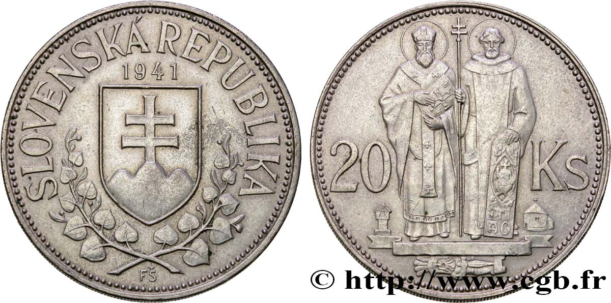ESLOVAQUIA 20 Korun St Cyril et St Méthode variété avec croix à simple barre 1941  MBC+ 