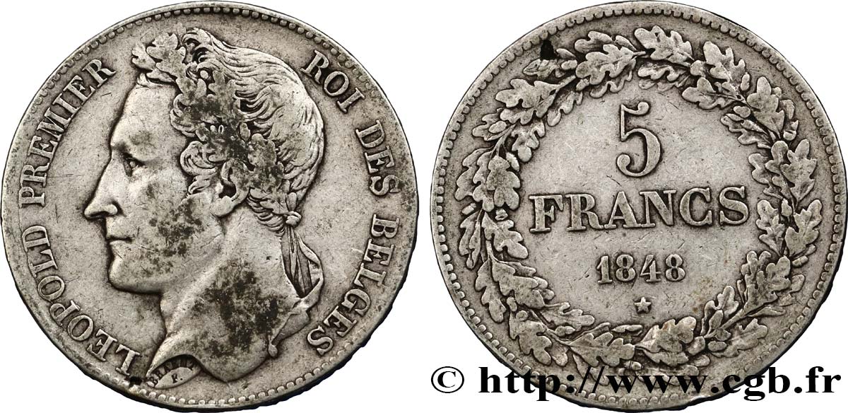 BELGIO 5 Francs Léopold Ier tête laurée 1848  q.BB 