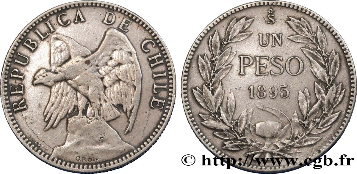CHILE 1 Peso condor 1895 Santiago XF/VF 