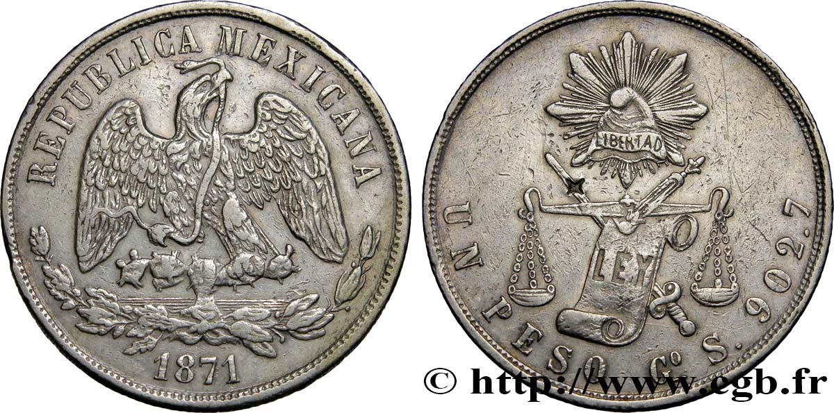 MÉXICO 1 Peso aigle 1871 Guanajuato MBC 