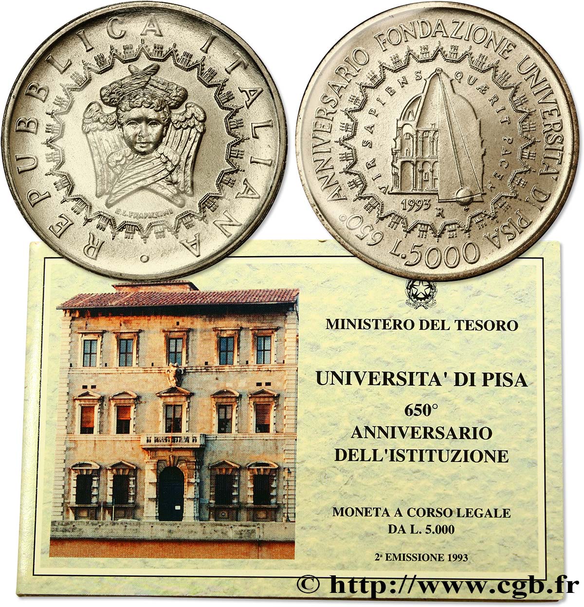 ITALIA 5000 Lire 650e anniversaire fondation de l’Université de Pise, 2e émission 1993 Rome - R FDC 