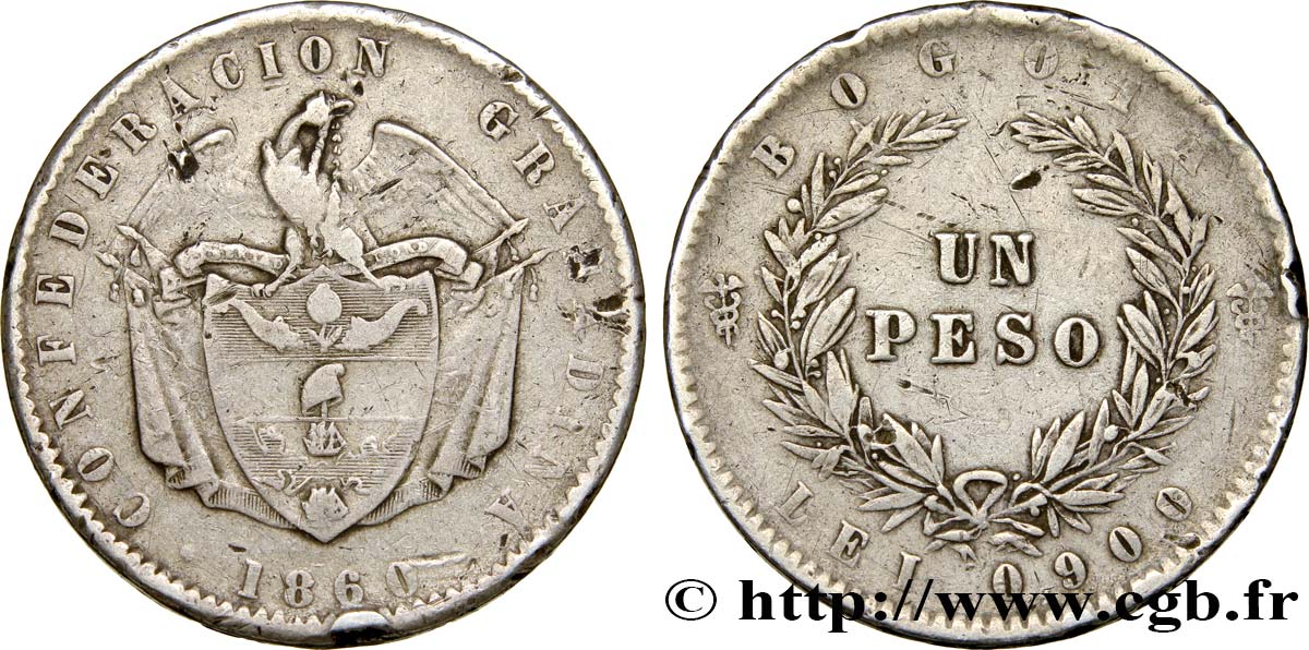 COLOMBIA 1 Peso Confédération Grenadine 1860 Bogota VF 
