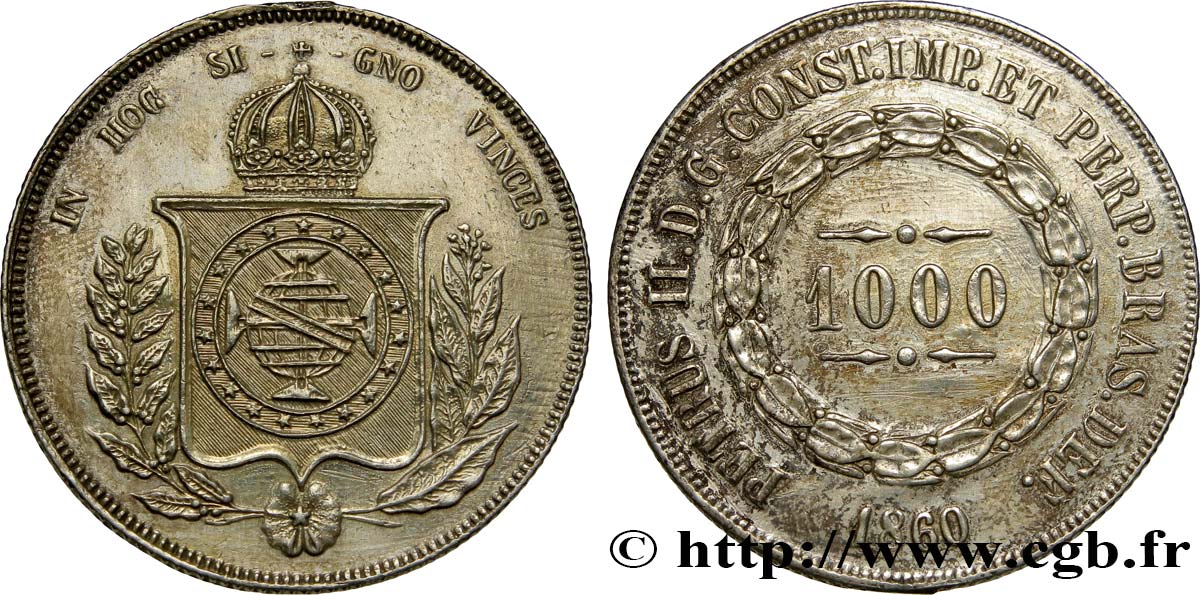 BRASILIEN 1000 Reis Empereur Pierre II 1860  VZ 