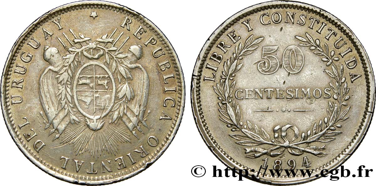 URUGUAY 50 Centesimos 1894  XF 