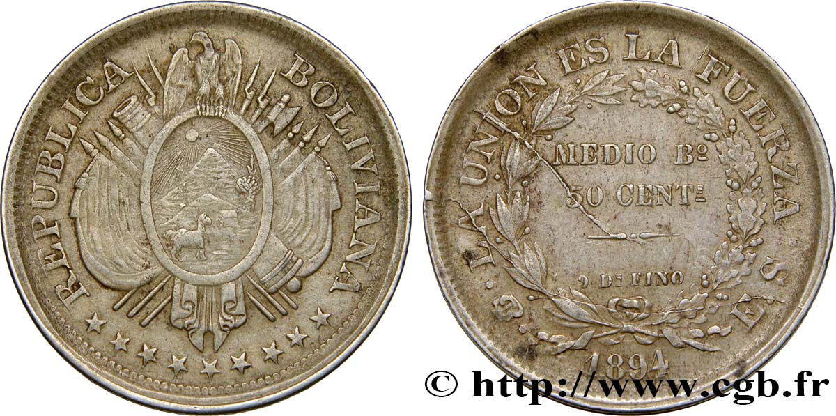BOLIVIA 50 Centavos (1/2 Boliviano) 1894 Potosi XF 