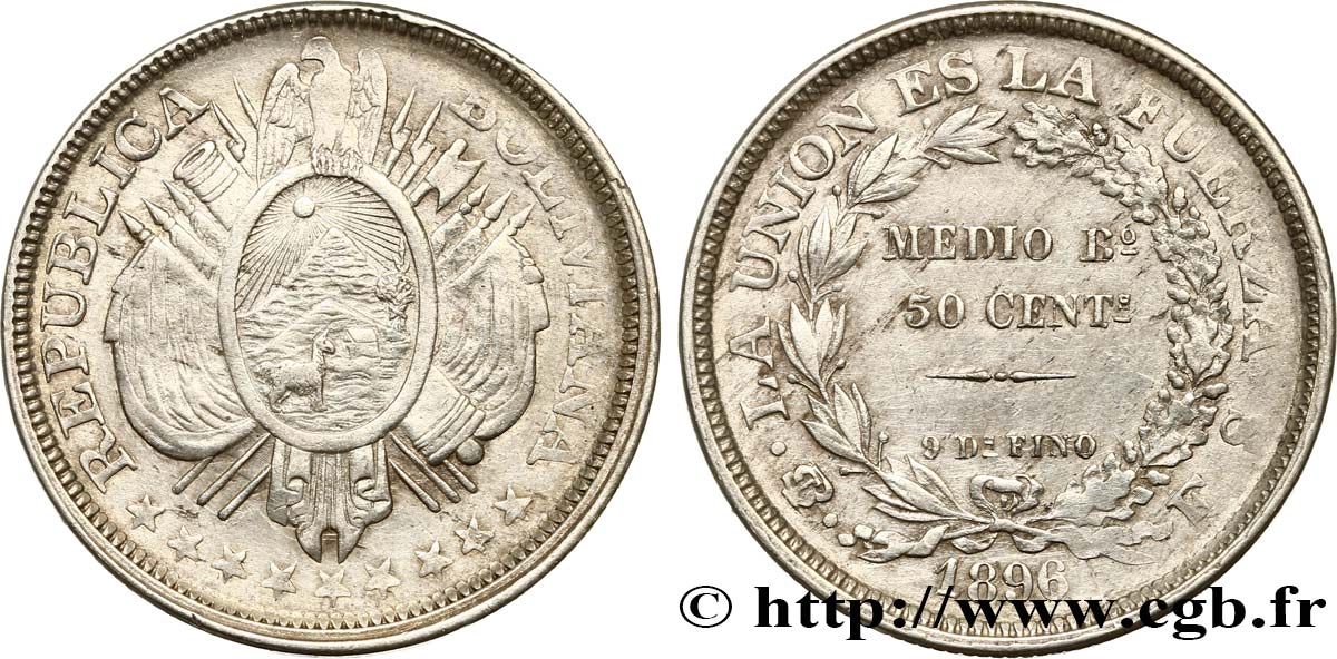 BOLIVIA 50 Centavos (1/2 Boliviano) 1896 Potosi BB 
