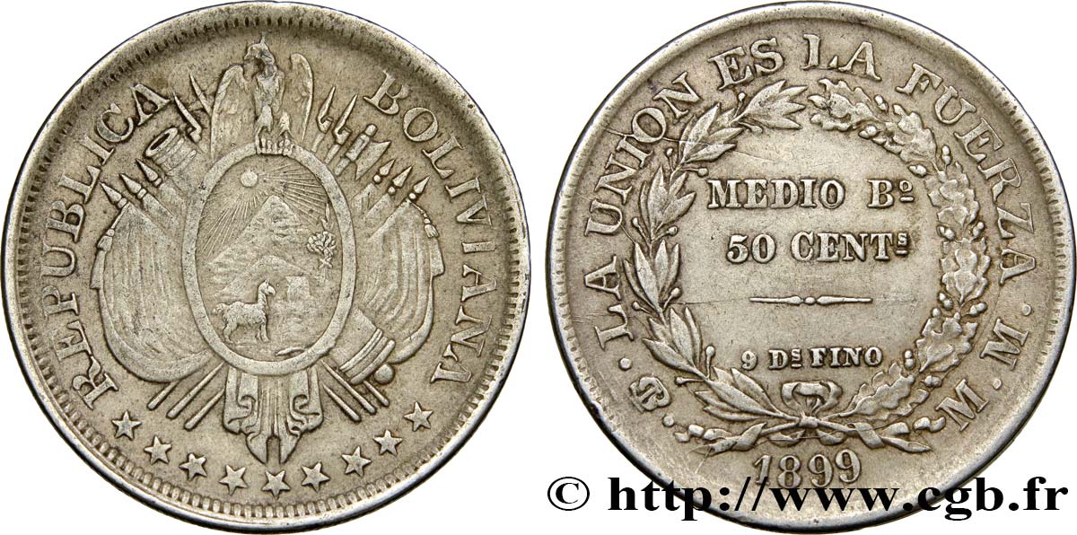 BOLIVIA 50 Centavos (1/2 Boliviano) 1899 Potosi XF 
