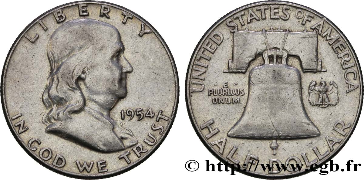 ESTADOS UNIDOS DE AMÉRICA 1/2 Dollar Benjamin Franklin 1954 Philadelphie BC+ 