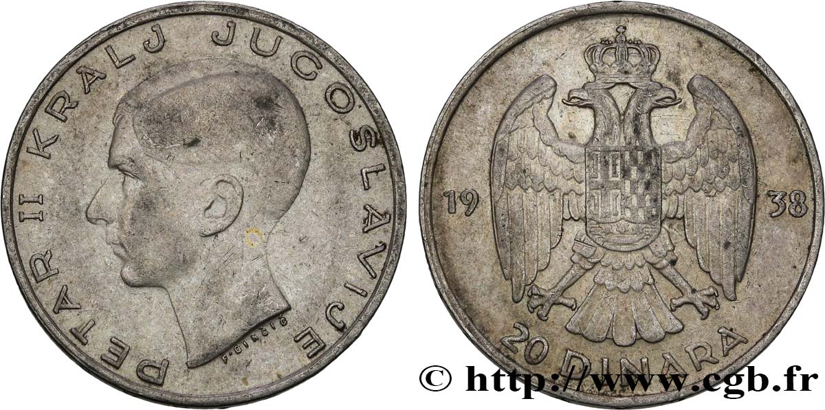 YUGOSLAVIA 20 Dinara Pierre II 1938  q.SPL 