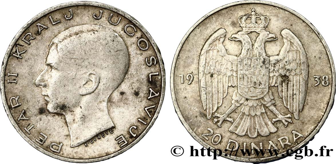 YUGOSLAVIA 20 Dinara Pierre II 1938  MBC 