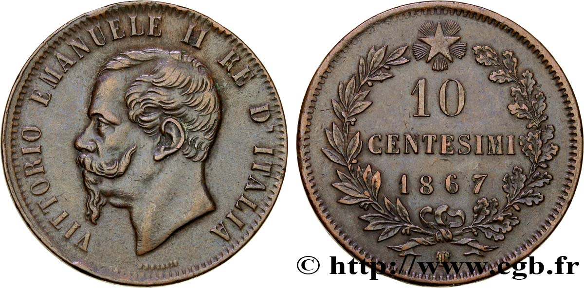 ITALY 10 Centesimi Victor Emmanuel II 1867 Turin XF 