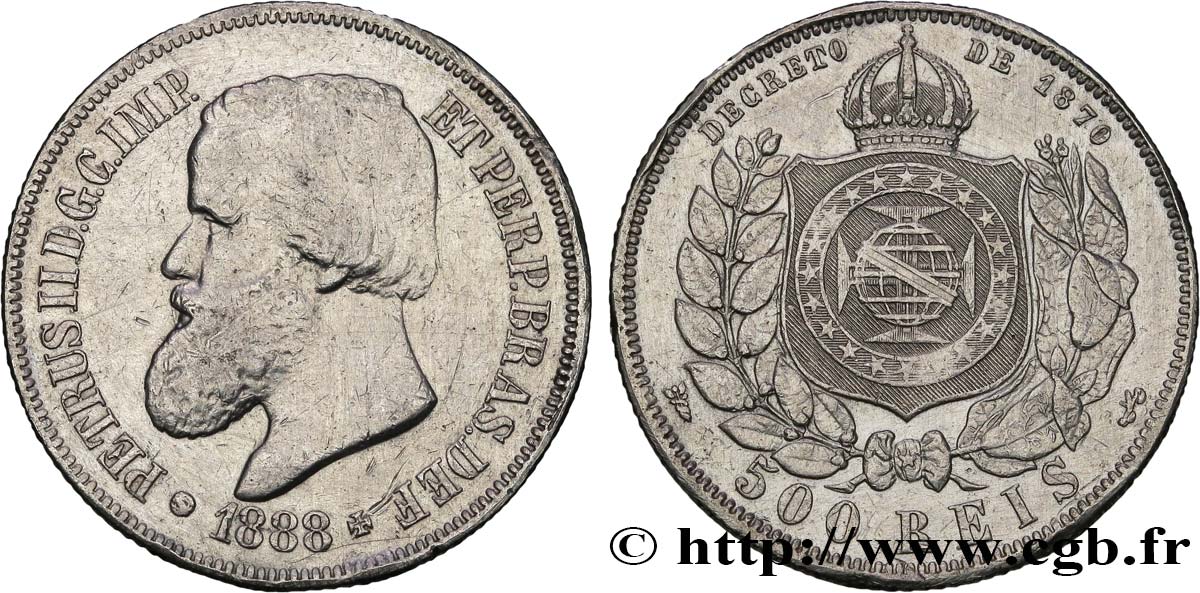 BRAZIL 500 Reis Empereur Pierre II 1888  XF/AU 