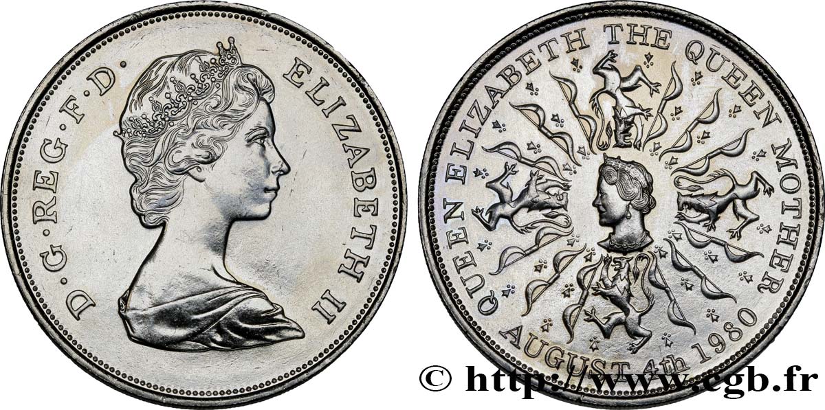 REINO UNIDO 25 New Pence (1 Crown) 80e anniversaire de la reine mère 1980  SC 