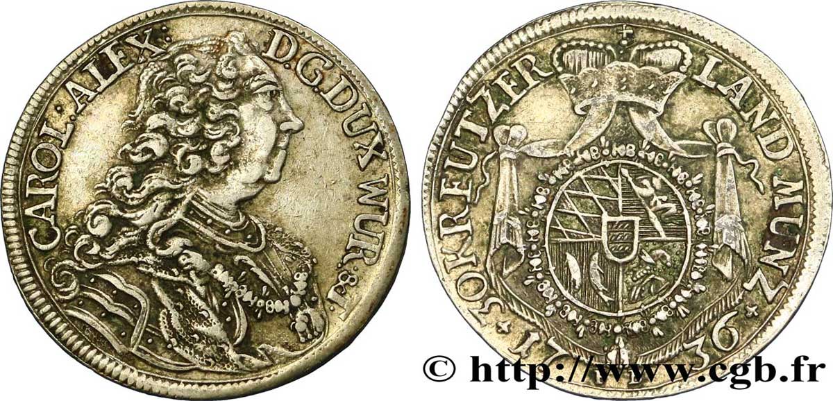 GERMANY - WÜRTTEMBERG 30 Kreuzer (1/2 Gulden ou1/3 Thaler 1736 Stuttgart XF 
