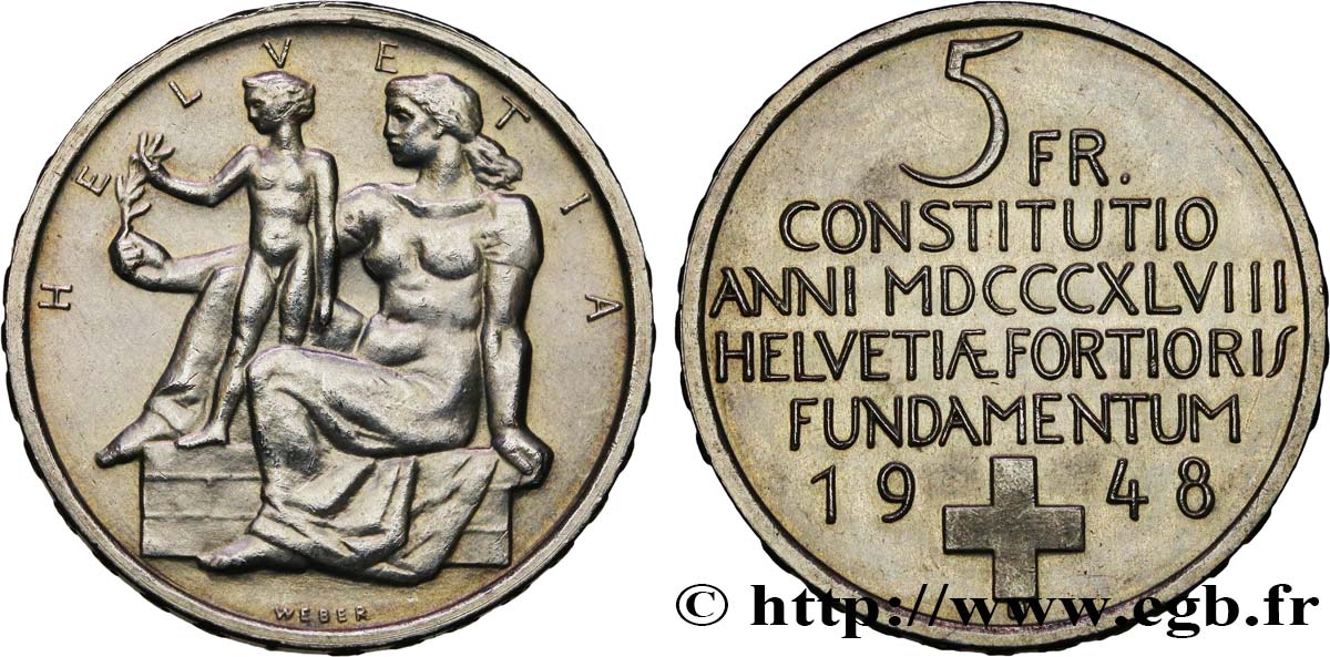 SUIZA 5 Francs centenaire de la constitution suisse 1948 Berne EBC 