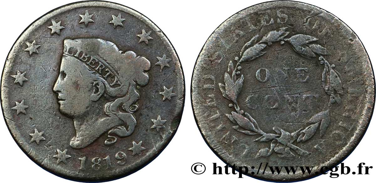 VEREINIGTE STAATEN VON AMERIKA 1 Cent “Matron Head” variété à petite date 1819 Philadelphie fS 