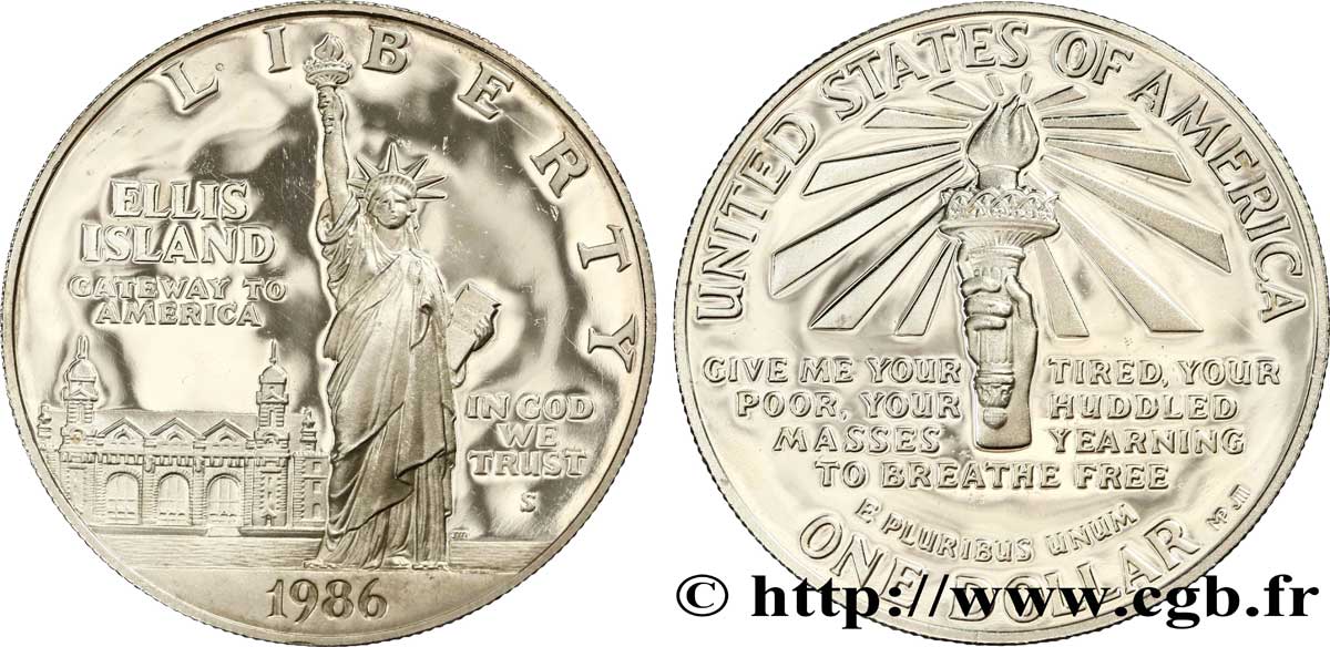 ESTADOS UNIDOS DE AMÉRICA 1 Dollar Proof Statue de la Liberté, Ellis Island 1986 San Francisco FDC 