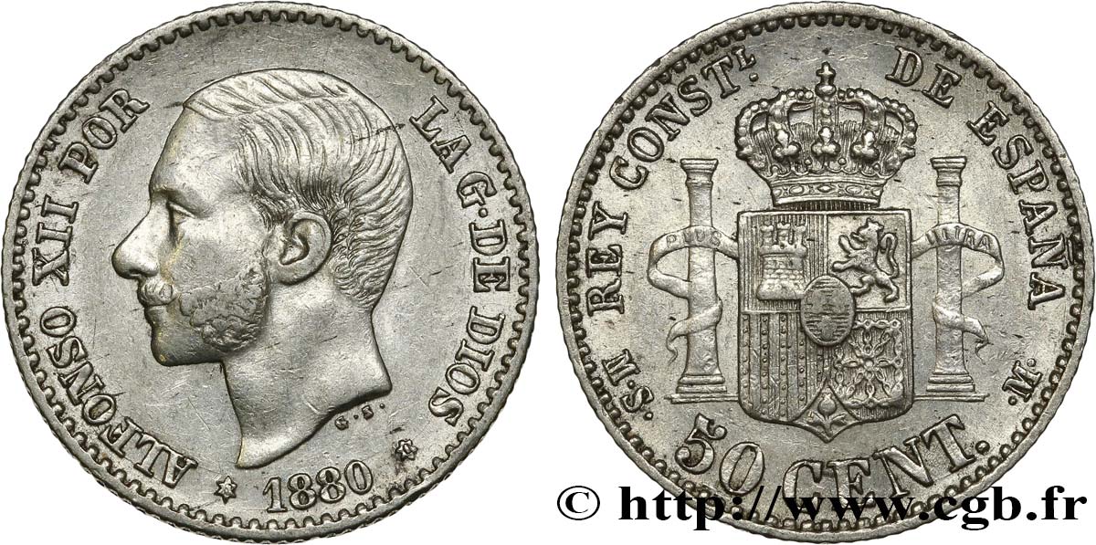 SPAIN 50 Centimos Alphonse XII 1880 Madrid AU/AU 