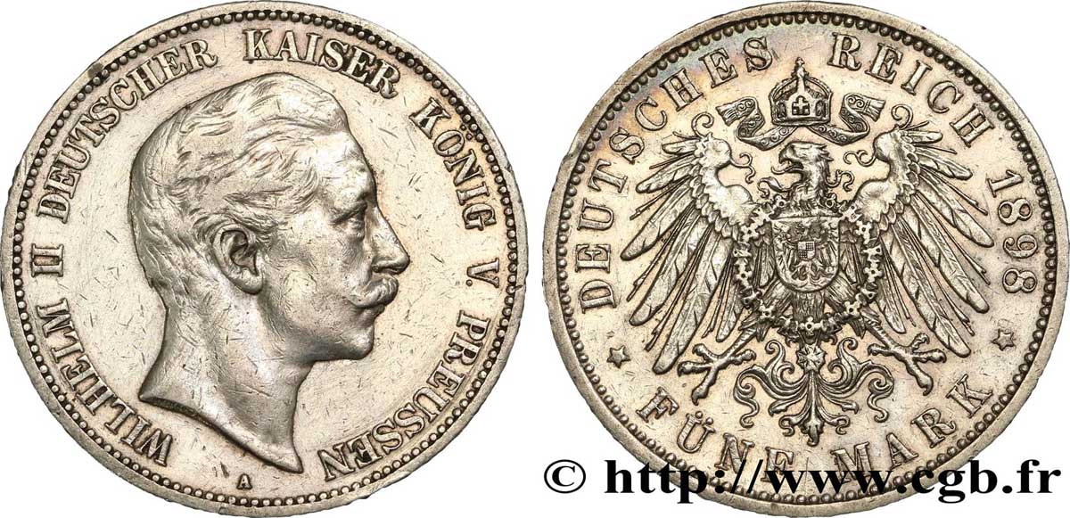 GERMANY - PRUSSIA 5 Mark Guillaume II 1898 Berlin XF 