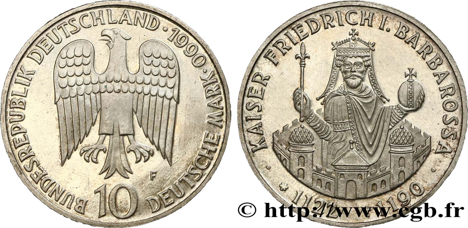 GERMANIA 10 Mark aigle héraldique / 800e anniversaire de la mort de Frédéric Barberousse 1990 Stuttgart SPL 