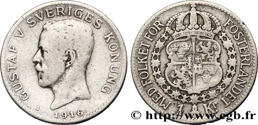 SUECIA 1 Krona Gustave V 1916  BC 