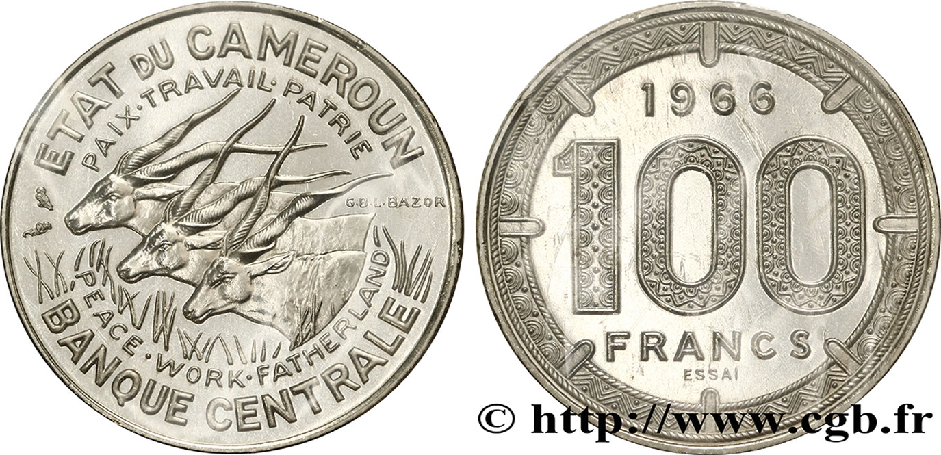 CAMERUN Essai de 100 Francs Etat du Cameroun, commémoration de l’indépendance, antilopes 1966 Paris FDC 
