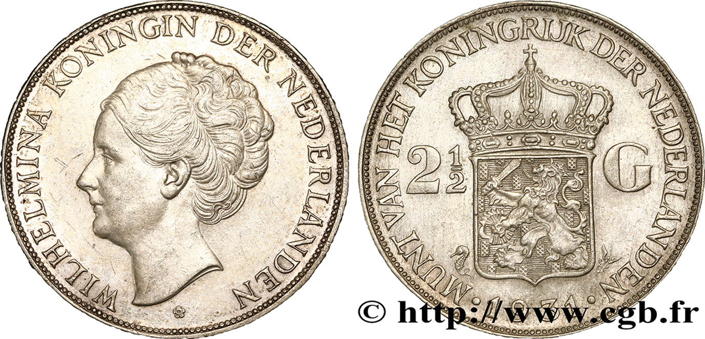 NETHERLANDS 2 1/2 Gulden Wilhelmina 1931  XF 