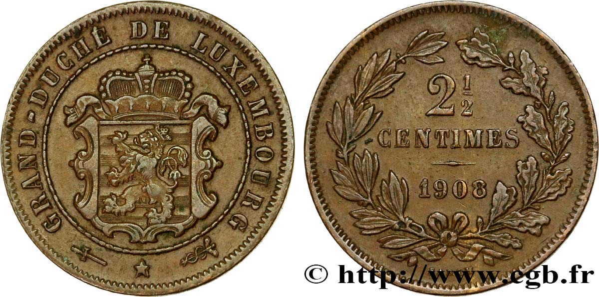 LUXEMBURGO 2 1/2 Centimes écu couronné 1908 Utrecht EBC 