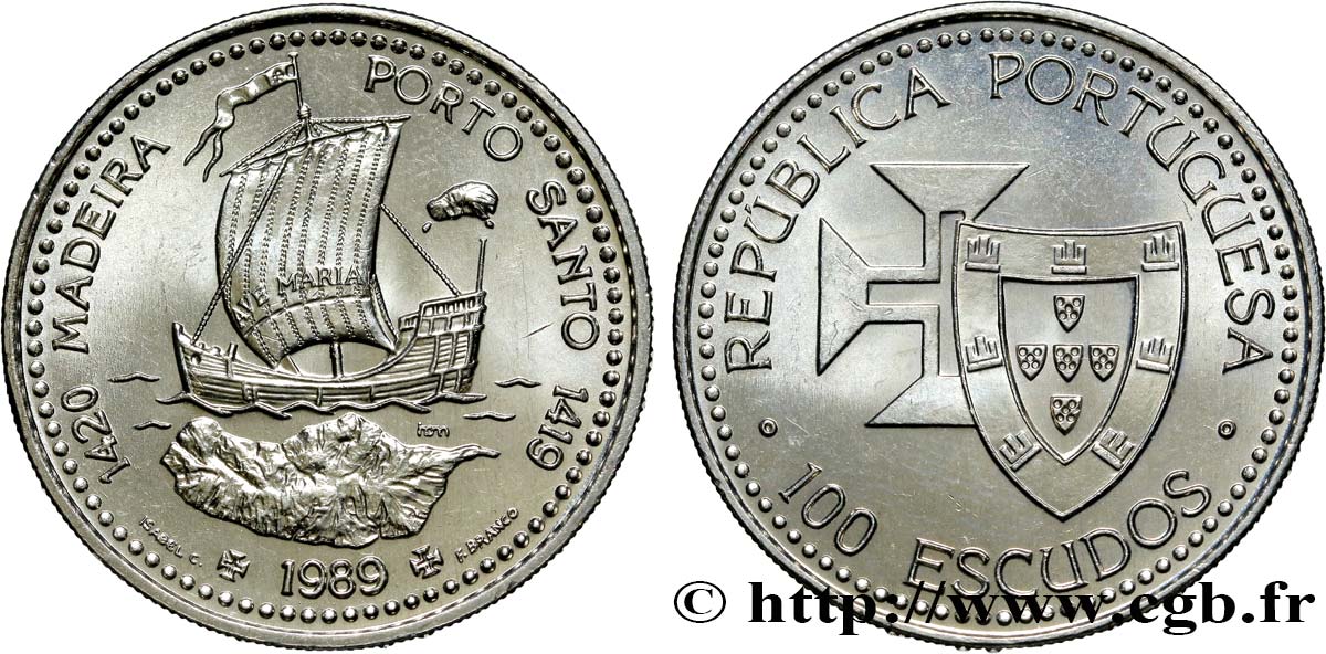 PORTUGAL 100 Escudos Découvertes Portugaises de Madère 1420 et Porto Santo 1419 1989  SC 