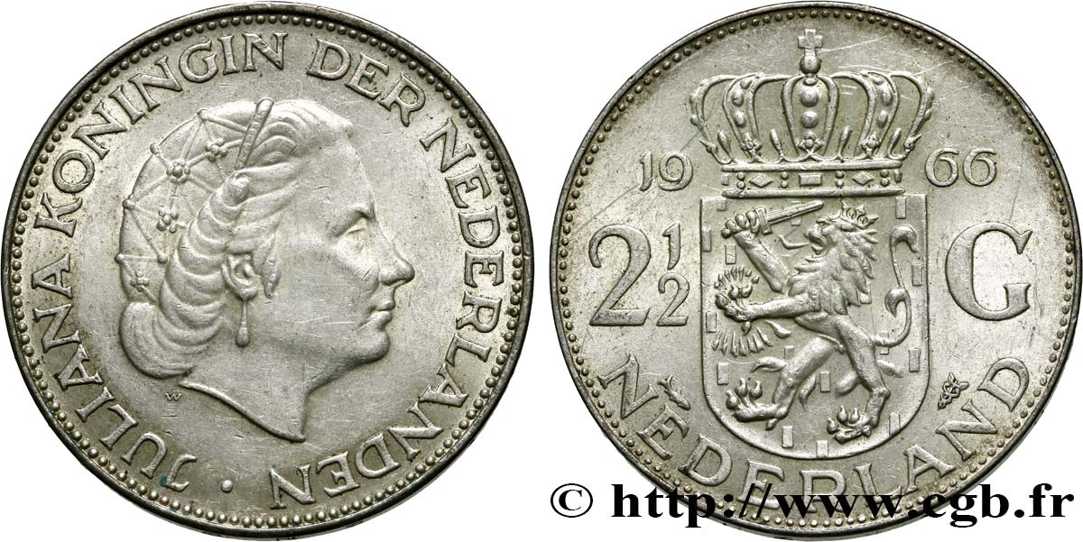 PAíSES BAJOS 2 1/2 Gulden Juliana 1966 Utrecht EBC 