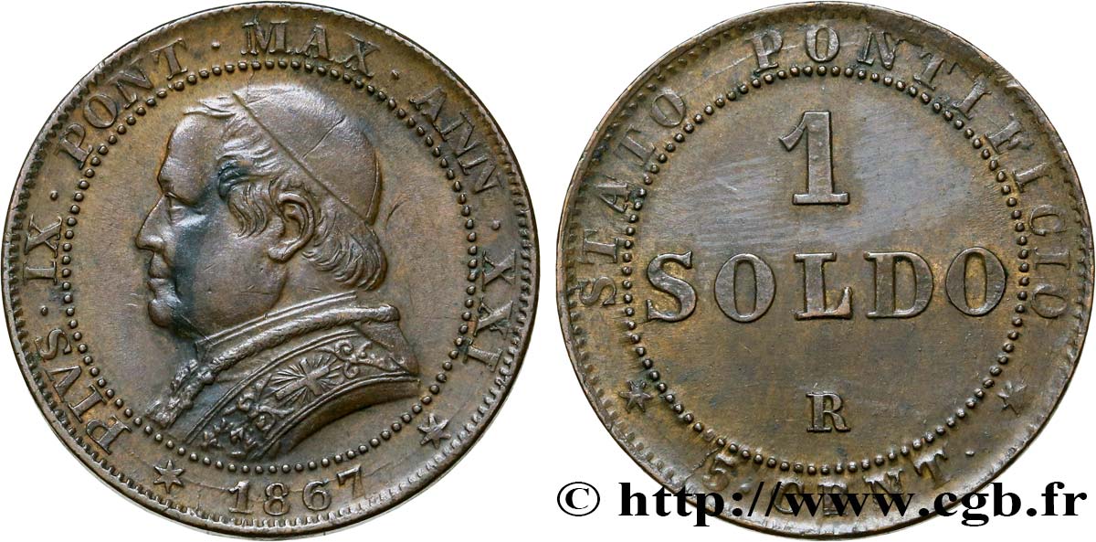 VATICANO Y ESTADOS PONTIFICIOS 1 Soldo an XXI buste large 1867 Rome MBC+ 