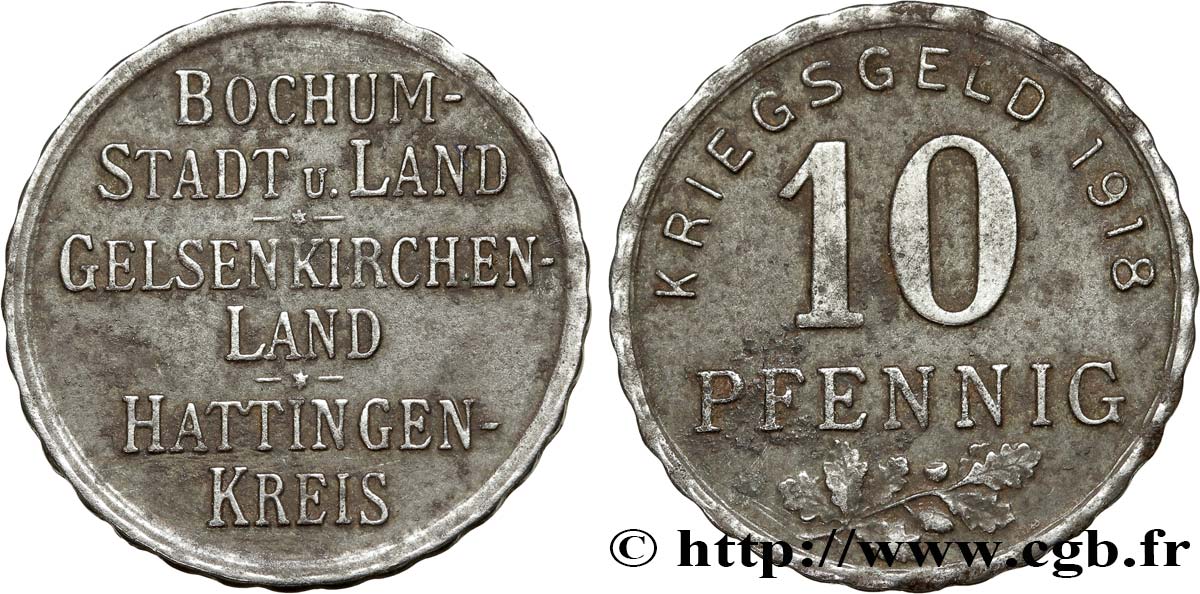 GERMANY - Notgeld 10 Pfennig Bochum-Gelsenkirchen-Hattingen 1918  XF 