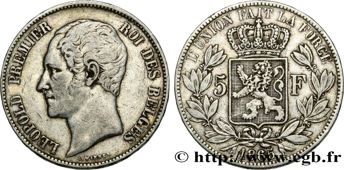 BÉLGICA 5 Francs Léopold Ier tête nue 1865  MBC 
